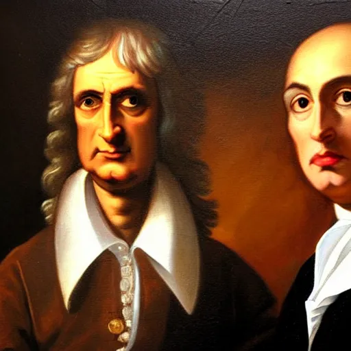 Prompt: a neoclassical portrait of sir isaac newton and tupac shakur, chillin at the club together, oil on canvas, brilliant detail