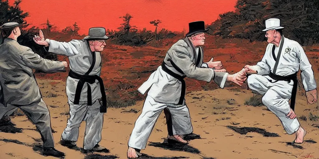 Image similar to Winston Churchill teaching Eisenhower karate. Epic painting by James Gurney and Laurie Greasley.