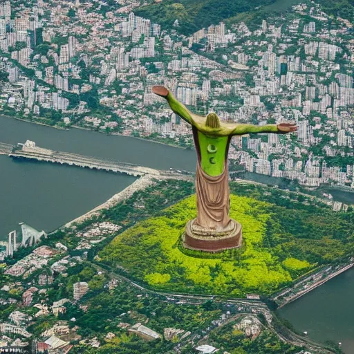 Prompt: aerial photographs of giant Brazilian sculpture Kermit the Frog as Christ the Redeemer