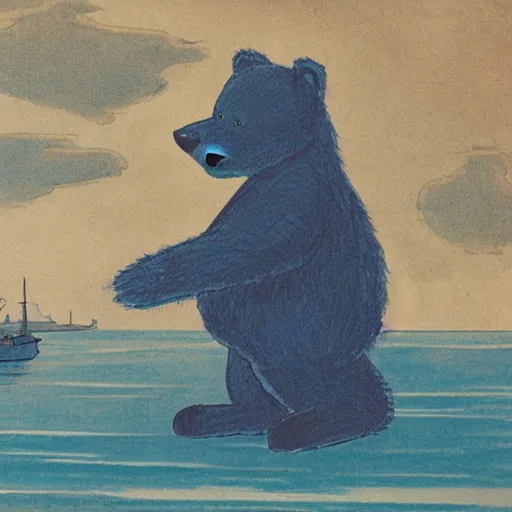 Prompt: cartoon of a blue furred bear looking at the sea while standing on a world war 2 battleship