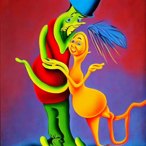 Prompt: surrealism painting of love by dr seuss