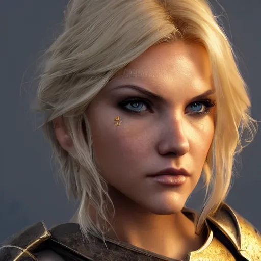 Prompt: front centered symmetrical RPG avatar portrait, Elisha Cuthbert as a paladin, blonde hair, black armour, dramatic lighting, cinematic, establishing shot, high detail, photo realistic, cinematic lighting, post processed, 8k, concept art, artstation, matte painting, in the style of eddie mendoza, raphael lacoste, alex ross