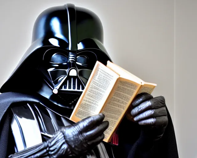 Image similar to a photograph of Darth Vader reading a book about moral philosophy