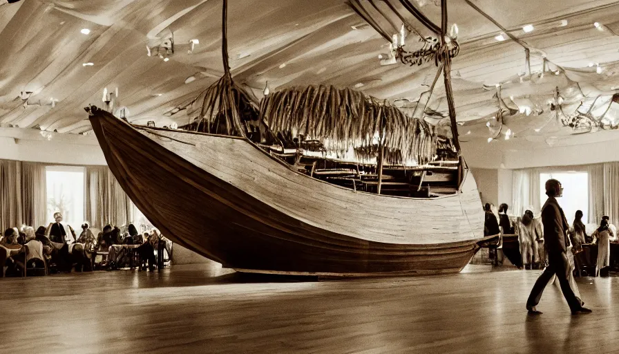 Prompt: a man in a organic barque in a ballroom, leica sl 2 technicolor, heavy grain, high quality, high detail