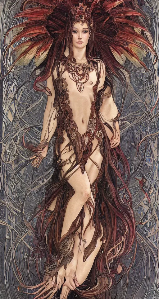 Image similar to 3/4 body portrait of the firedragon queen by artgerm and H R Giger and alphonse mucha, HD, full body dragon concept, flying dragon, Human body with dragon features, beautiful queen, perfect face, perfect body, 10/10 would dream again, fantasy, intricate, elegant, highly detailed, digital painting, artstation, concept art, smooth, sharp focus, illustration, ray tracing, 4k realistic 3d rendered portrait, soft shading, soft colors, relaxed colors, hyperdetailed, wide angle lens, fantasy, futuristic horror, armor style of giger