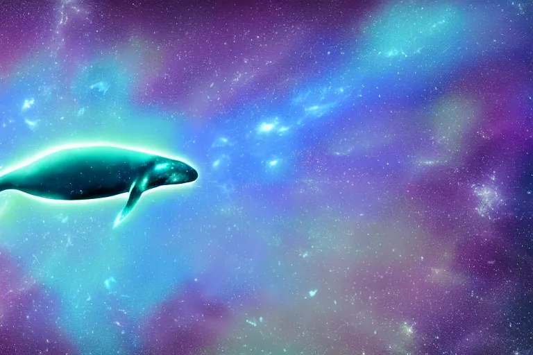 Prompt: a bioluminescent whale jumping through a space nebula leaving stardust trails behind, digital art, photorealistic