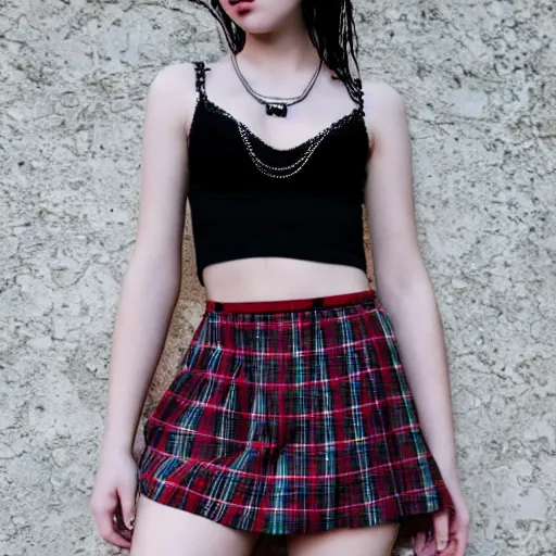 Image similar to gothic teen girl in plaid mini skirt and crop top, intricate, extremely detailed, modeling photography, 8 0 mm camera, dramatic lighting