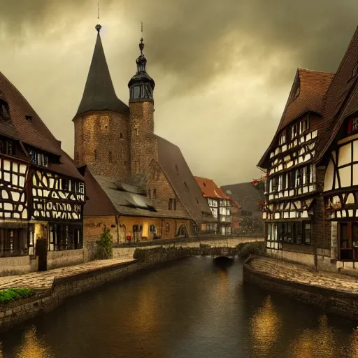 Image similar to dark fantasy, 17th century German city, dark stone, rain, river, hyper-detailed