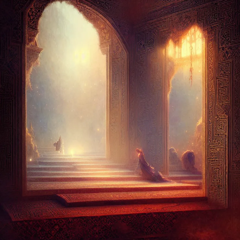 Image similar to magic fluffy Persian carpet & mirror dimension, vertical labyrinth structure, by Greg Rutkowski and Gaston Bussiere, dim lighting, beautiful volumetric-lighting-style atmosphere, surreal atmosphere, intricate, detailed, photorealistic imagery, artstation