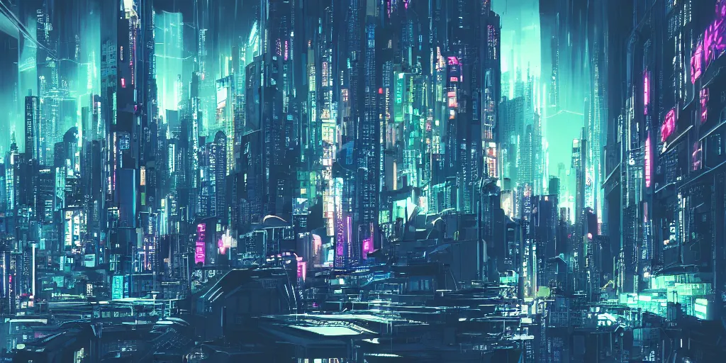 Image similar to city in the style of cyberpunk, singular gigantic building focus, space sky, anime illustration,