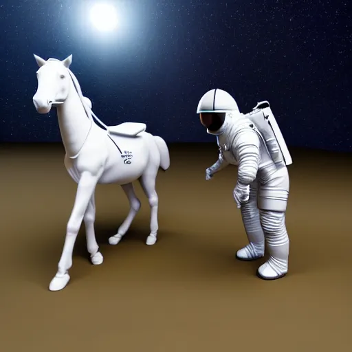 Image similar to an astronaut standing on the ground and a small trippy aggressive centaur standing on that poor human being standing on all fours astronaut raising his arms up, really trying to ride it, the horse is on his shoulders and grabbing them, minimalist style, 3 d render, isometry