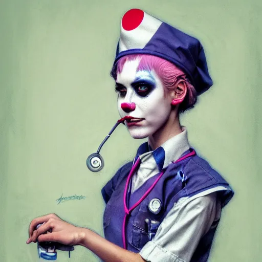 Image similar to clowncore pastel punk young hospital nurse wearing stylish uniform. detailed, portrait, 8 k, artwork by jean - baptiste monge