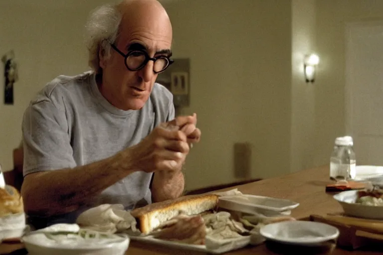 Image similar to larry david eating a sandwich, the blair witch project film still, greyscale