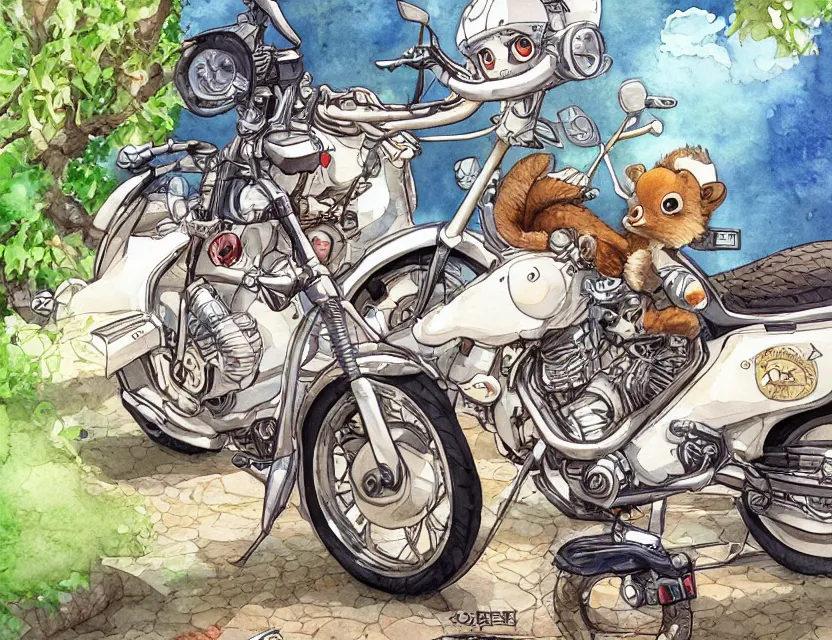 Prompt: cute and funny, a bipedal squirrel washing his motorcycle, centered award winning watercolor pen illustration, isometric illustration by chihiro iwasaki, edited by range murata, tiny details by artgerm and watercolor girl, sharply focused