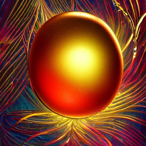 Prompt: a translucent glowing egg with swirls of red and blue emerging from the blossom of a metallic gold flower with tendrils of gold wrapping around the egg, magic eggplant, fantasy concept art