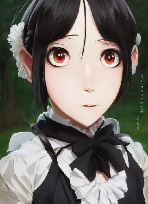 Image similar to a close up of a victorian maid with black bob hairstyle sitting in a forest. cute anime eyes. by makoto shinkai, stanley artgerm lau, wlop, rossdraws, james jean, andrei riabovitchev, marc simonetti, krenz cushart, sakimichan, trending on artstation, digital art.