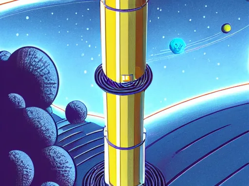 Image similar to a scifi illustration, hyper detailed external view of a space elevator. cinematic wide angle composition. flat colors, limited palette in FANTASTIC PLANET La planète sauvage animation by René Laloux