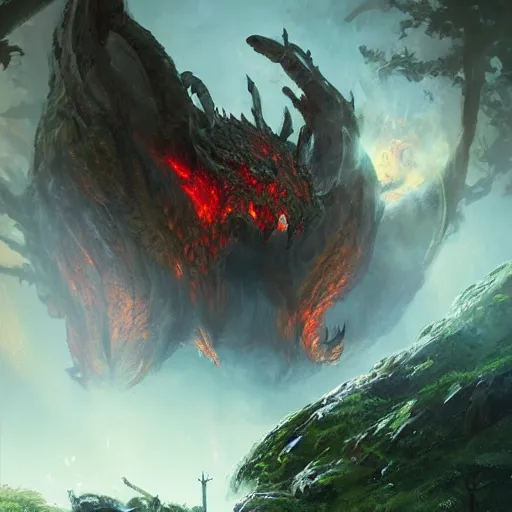 Image similar to A ferocious ember beast guarding the sacred grove, with scales burning red hot from the heat, DnD digital concept art by Greg Rutkowski