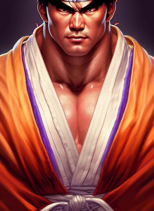 Image similar to Portrait of Ryu from Street Fighter, muscular, robes! intricate, elegant, highly detailed, digital painting, artstation, concept art, smooth, sharp focus, illustration, art by artgerm and greg rutkowski and alphonse mucha