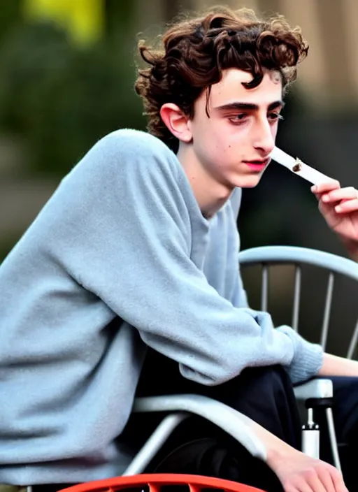 Image similar to timothee chalamet smoking a joint sitting in a wheel chair, photo, realistic