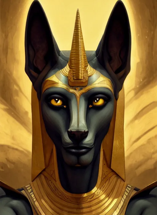 Prompt: close up portrait of sinister anubis, egyptian symbolism, fair olive skin, yellow pupils, sneering moroccan man by artgerm, cushart krenz, greg rutkowski, mucha. art nouveau. gloomhaven, swirly vibrant ripples, moody colors, sharp edges. ultra clear detailed. 8 k. elegant, intricate, octane render