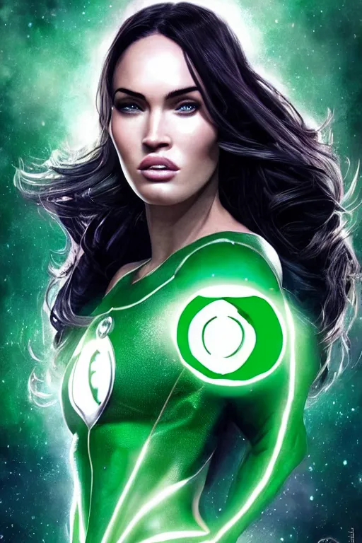 Image similar to majestic and regal portrait of megan fox female green lantern, dc universe, perfect face, beautiful, intricate, epic, elegant, fantasy, highly detailed, digital painting, hard focus, beautiful volumetric lighting, epic light, ultra detailed, by leesha hannigan, ross tran, thierry doizon, kai carpenter, ignacio fernandez rios