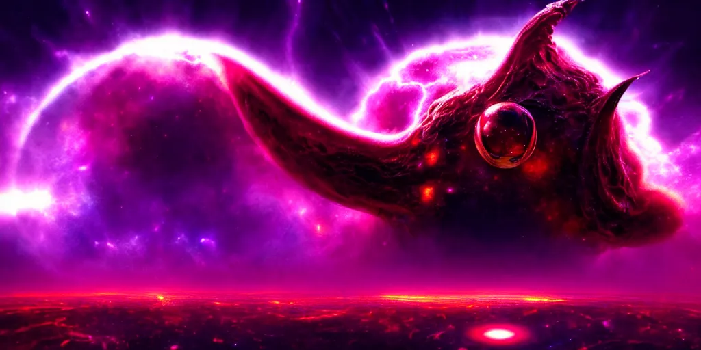 Image similar to Horrific cosmic beast consumes distant future city, emerging from timespace tear, cinematic lighting, PBR, hyperrealistic, oil painting, purple crimson color scheme, dirtyfuturepunk