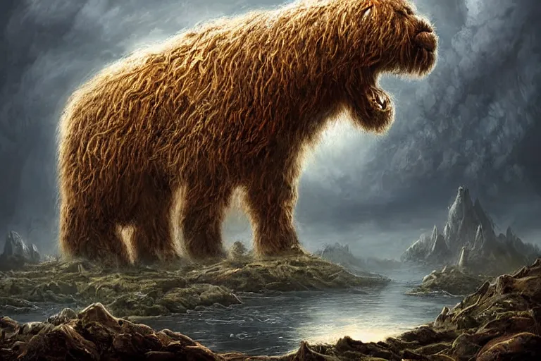 Image similar to highly detailed elden ring portrait photo of a huge furbolg megalophobia in a scenic dystopian environment, hyperrealistic illustration by william didier - pouget