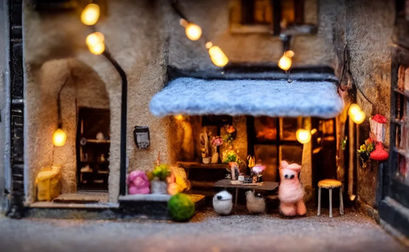 Image similar to mini cafe diorama macro photography, cafe for felted animals, alleyway, ambient, atmospheric photograph, string lights, romantic