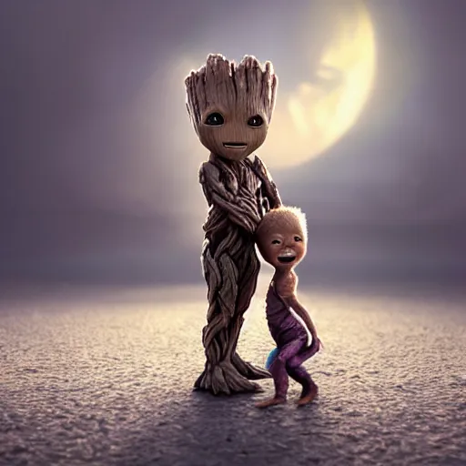 Prompt: photo realistic image of a baby groot giving baby yoga a piggyback ride, stunning 3 d render inspired art by istvan sandorfi and greg rutkowski, perfect facial symmetry, realistic, highly detailed attributes and atmosphere, dim volumetric cinematic lighting,