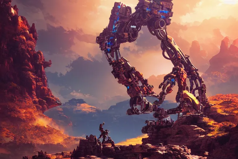 Image similar to rockbreaker machine mecanical creature robot of horizon forbidden west horizon zero dawn radiating a glowing aura global illumination ray tracing hdr fanart arstation by ian pesty and alena aenami artworks in 4 k