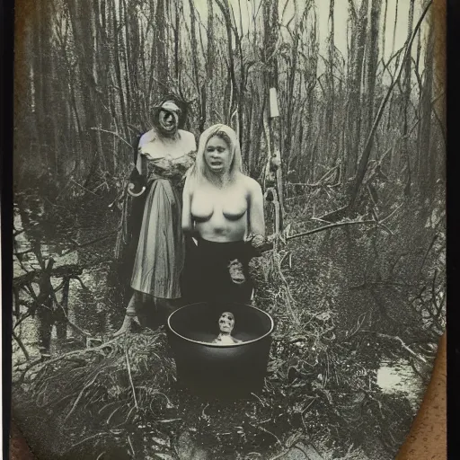 Prompt: Polaroid picture of witches in a swamp around a cauldron