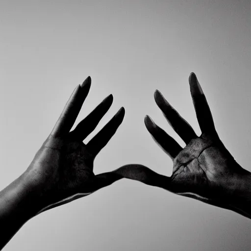 Prompt: hands with eyes, black and white, scary, hd hyper realistic