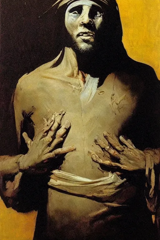 Prompt: painting of a mummified blindfolded!!! jesus christ by goya!!! phil hale! and michelangelo!! ominous, ( ( messy ) ) visible brush strokes!!