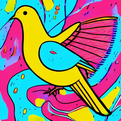 Prompt: illustration of dove in an ear canal, palette of primaries, bright colours, flat linework, grainy filter, stippling