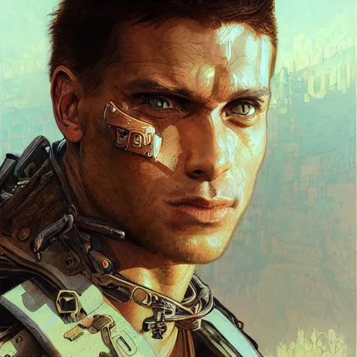 Image similar to brutalist Portrait of max Rockatansky, intricate, wild, highly detailed, digital painting, artstation, concept art, smooth, sharp focus, illustration, art by artgerm and greg rutkowski and alphonse mucha and Hajime Sorayama