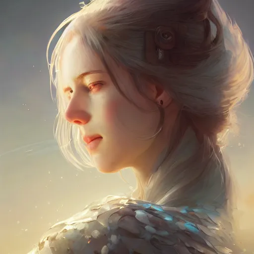 Image similar to a portrait of a beautiful hopeful lady with pretty eyes, beautiful eyes, highly detailed eyes, looking up, looking up, light smiling, art of wlop and greg rutkowski, intricate, high details, eyes, epic fantasy art, cgsociety, trending on artstation, bright light masterpiece, ray of light through white hair