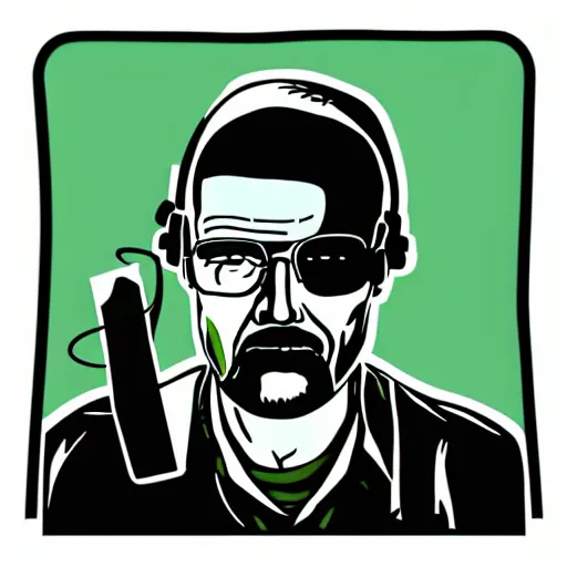 Image similar to a breaking-bad-walter-white, svg sticker, vector art, wearing headphones, jamming to music