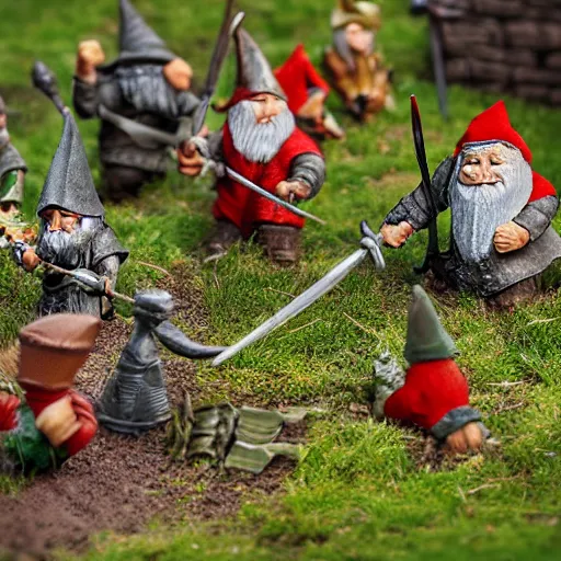 Prompt: garden gnomes fight the battle of helms deep, cute, tilt shift, award winning, highly textured