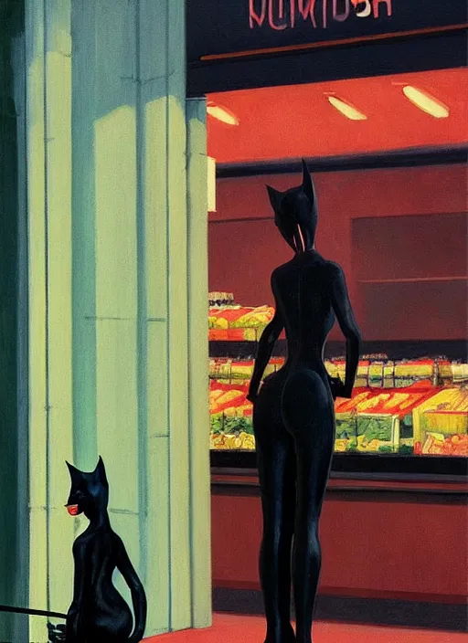 Image similar to catwoman in line at a grocery store painting by Edward Hopper and James Gilleard, Zdzislaw Beksinski highly detailed