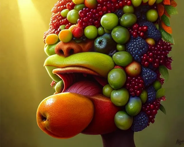 Image similar to a fruit monster made of different fruit, 3 7 1, walking around in forest, detailed mouth, detailed eyes, forest background, trees and flowers, trees in foreground, rays of golden sunlight, oil painting, highly detailed, dramatic lighting, hyperrealistic, smooth, artstation, cgsociety, by artgerm, by wlop