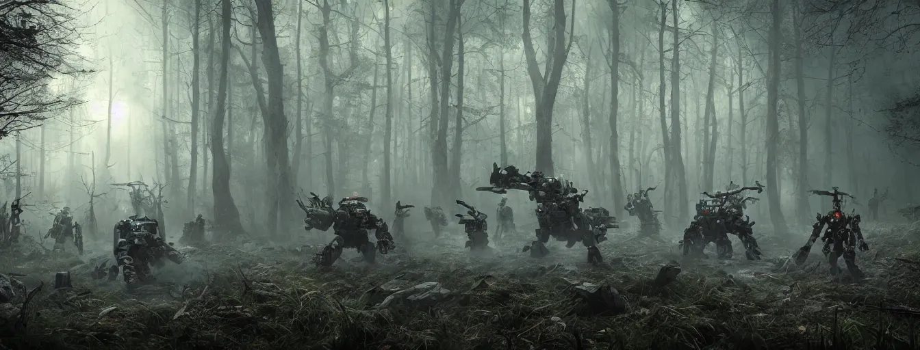 Image similar to image of deep forest with terrific and creepy mechwarriors with volumetric lights, running and hunting people, post - apocalyptic style, high detail, dramatic moment, motion blur, ground fog, dark atmosphere, saturated colors, by darek zabrocki, render in unreal engine - h 7 0 4