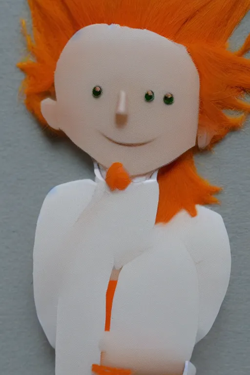 Image similar to a scene depicting a orange haired character wearing a voluminous suit made from linen and transparent plastic, acrylic, super detailed, soft light