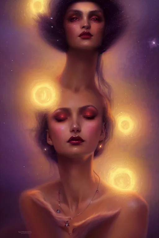 Prompt: Nocturne, glowing, stars, a portrait of a beautiful female shadow djinn creature with long fur collar, highly detailed, mysterious, ethereal, dressed in velvet and gold jewelry, haute couture, illustration, dramatic lighting, soft details, painting, by Edmund Blair Leighton, Brom, Charlie Bowater, trending on artstation, faces by Tom Bagshaw, otto schmidt