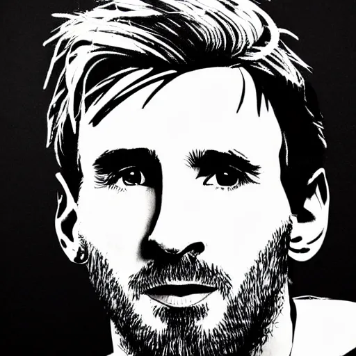 Image similar to a portrait of Lionel Messi, made by Andy Warhol, two tone, very high contrast, only black and white, simplistic, extremely high contrast, two tone, notan art, by Andy Warhol, minimalistic,