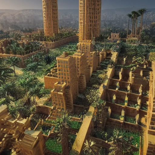 Image similar to gardens of Babylon made of gold towers, architecture, realistic, epic scale, mountains, palm trees, dramatic lighting, 8k, post processing, trending on artstation, environment highly detailed