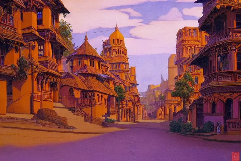 Prompt: tree-lined street in a very old very beautiful city by Thomas Seddon and Nicholas Roerich, ornate wrought iron, strong dramatic cinematic lighting , colorful tiled architecture, lost civilizations, smooth, sharp focus, extremely detailed