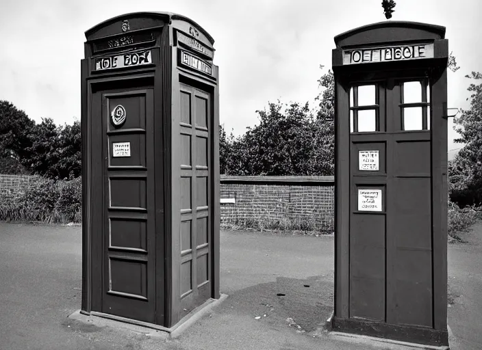 Prompt: photo of a metropolitan police box on a street in suburban london, police box, 1936, sepia