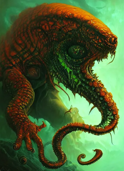 Prompt: dark horror cthulhu glowing reptile eyes, orange and green skin, elegant, highly detailed, centered, digital painting, artstation, concept art, smooth, sharp focus, illustration, artgerm, tomasz alen kopera, peter mohrbacher, donato giancola, joseph christian leyendecker, wlop, frank frazetta