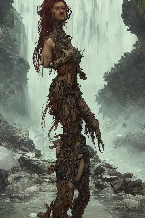 Prompt: a full body portrait of a beautiful post apocalyptic offworld nordic biofarmer swimming by the waterfalls, intricate, elegant, highly detailed, digital painting, artstation, concept art, smooth, sharp focus, illustration, art by krenz cushart and artem demura and alphonse mucha